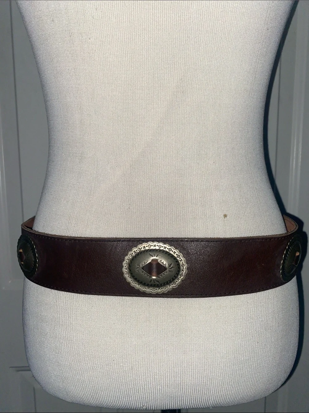 Vintage Brown Leather Belt with Decorative Metal Conchos Concho Buckle